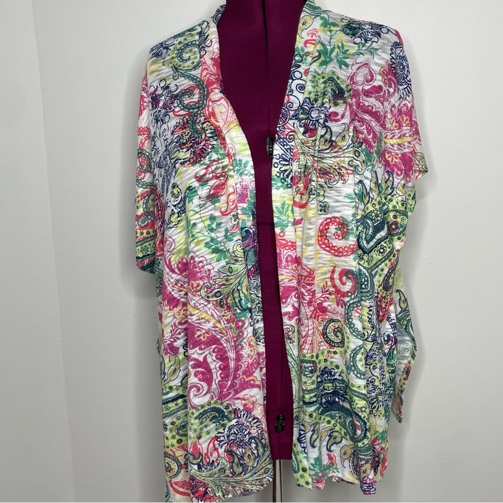 Avenue Multicolor Paisley Print Open Front Short Sleeve Sweater Size 22/24 NWT